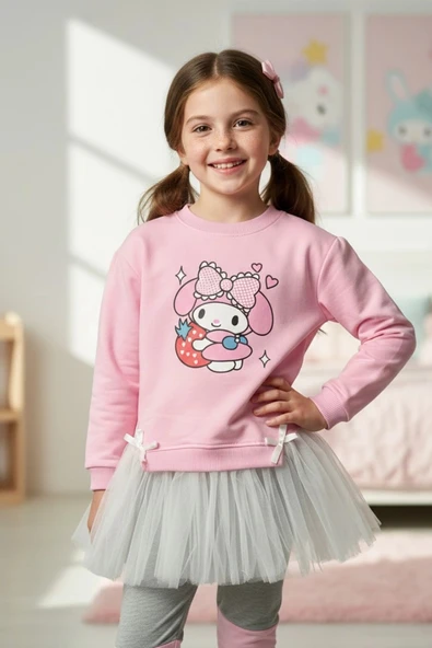 Kuromi Desenli Tütü Detaylı Pembe Renk Kız Çocuk Taytlı Takım - 2