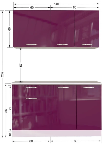 T Designo Eylül Hazır Mutfak Dolabı 140 cm Parlak Mürdüm- Tezgah Dahil - 3