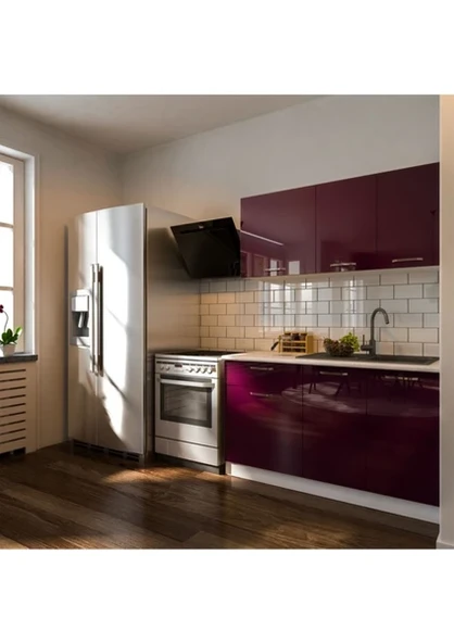 T Designo Eylül Hazır Mutfak Dolabı 140 cm Parlak Mürdüm- Tezgah Dahil