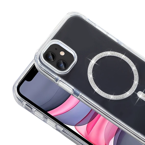 Apple iPhone 11 Kılıf Taşlı Tasarım M-safe Şarj Özellikli  Koment Silikon Kapak - Resim 5