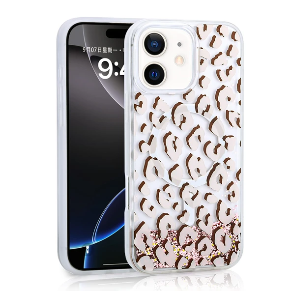 Apple iPhone 12 Kılıf Sıvılı Simli Baskılı Şeffaf Arka Yüzey  Mossa Silikon Kapak - Resim 2