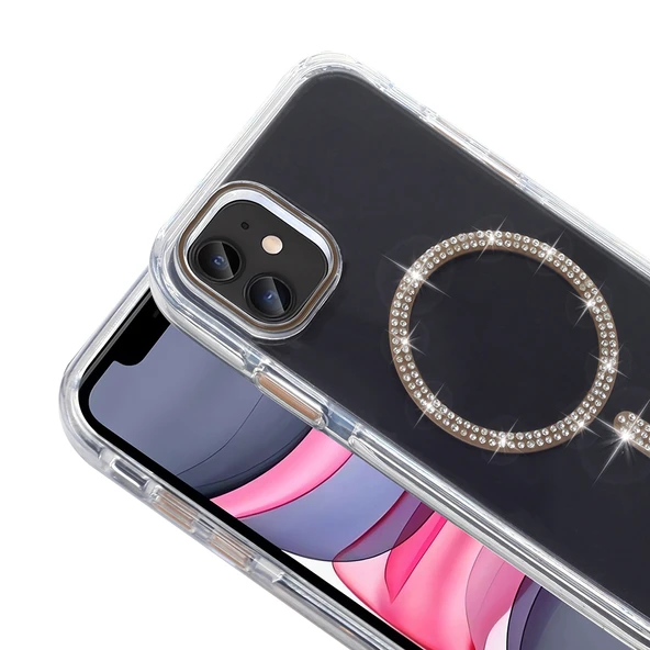 Apple iPhone 11 Kılıf Taşlı Tasarım M-safe Şarj Özellikli  Koment Silikon Kapak - Resim 3