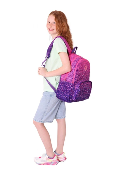 KAUKKO Dots Kız Çocuk Üç Bölmeli İlkokul ve Ortaokul Çantası - Mor Nokta Desenli - K1806 - 7