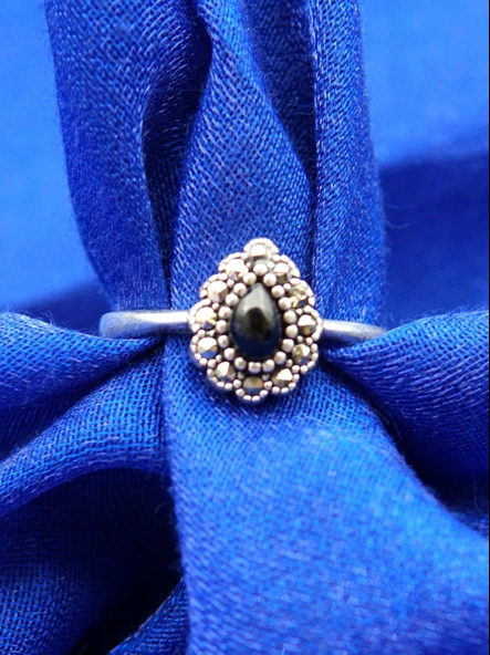 925 Ayar Kadın Gümüş Oltu Taşı Yüzük sy00039 - Resim 4