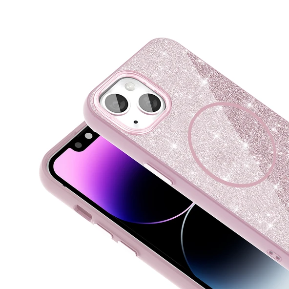 Apple iPhone 13 Kılıf M-safe Şarj Özellikli Parlayan Simli  Okso Kapak - Resim 7