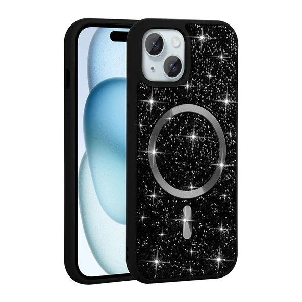 Apple iPhone 13 Kılıf Pırlanta Tasarımlı M-safe Şarj Özellikli  Mozaik Silikon Kapak - Resim 3