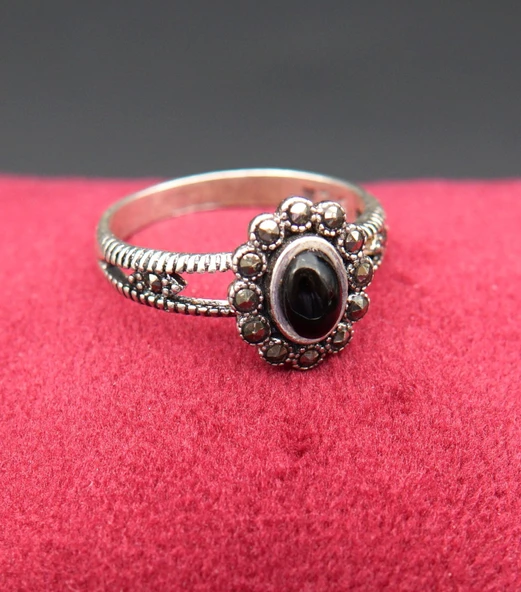 925 Ayar Kadın Gümüş Oltu Taşı Yüzük sy00038 ürün görseli 1