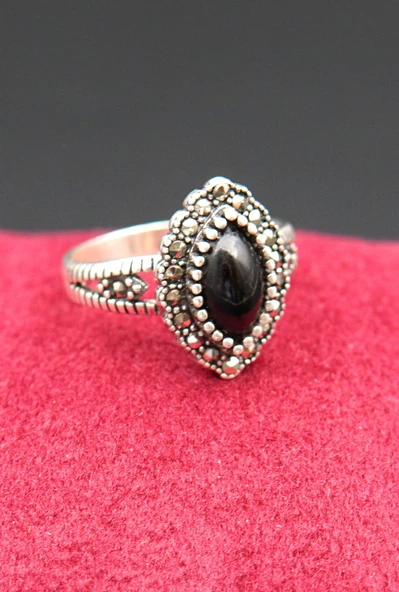 925 Ayar Kadın Gümüş Oltu Taşı Yüzük sy00040 - Resim 4