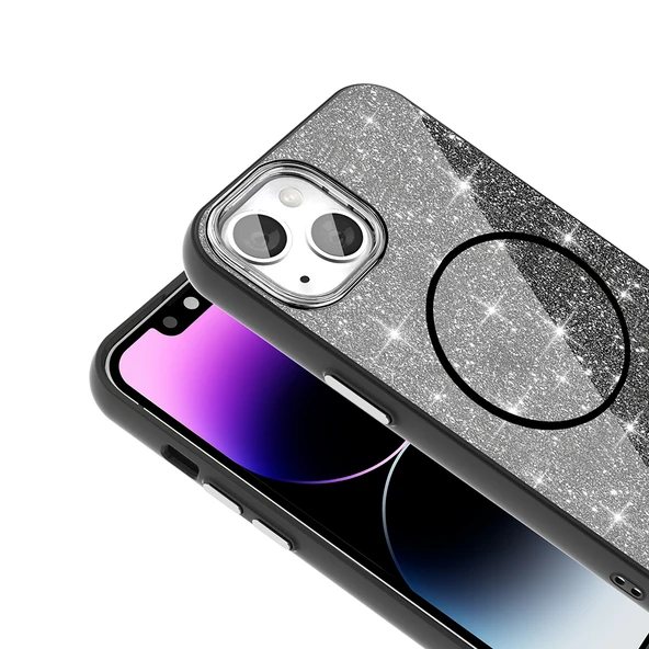 Apple iPhone 13 Kılıf M-safe Şarj Özellikli Parlayan Simli  Okso Kapak - Resim 5