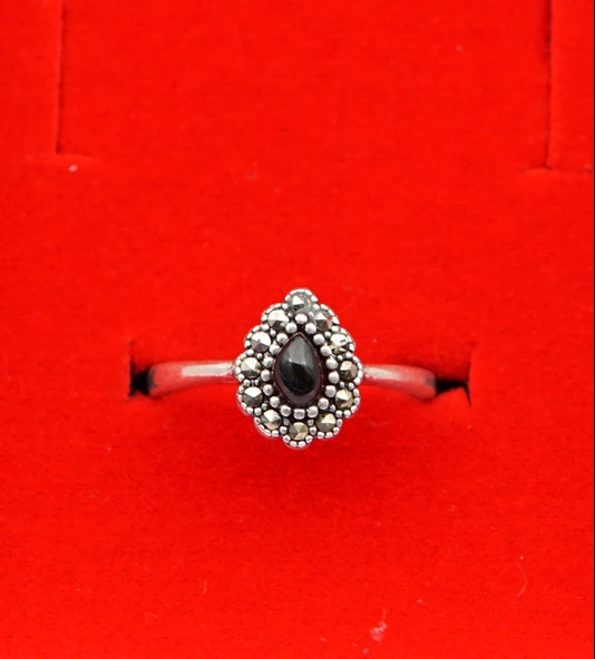 925 Ayar Kadın Gümüş Oltu Taşı Yüzük sy00039 - Resim 3