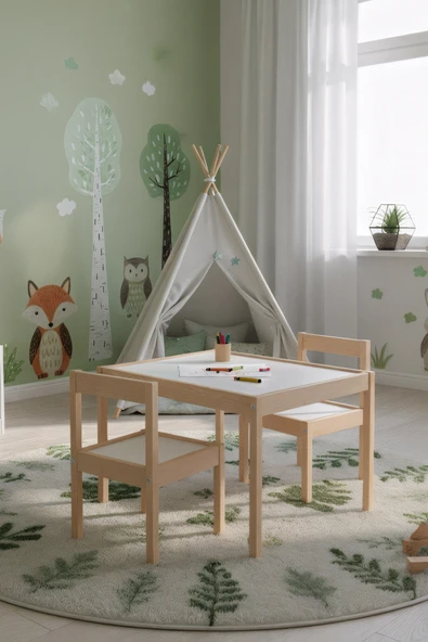 Montessori Çocuk Ahşap Etkinlik Masası Seti, 2 Sandalyeli