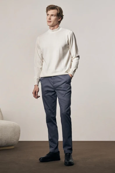 İndigo Mavi Yan Cep Düz Paça Pamuklu Comfort Fit Chino Casual Pantolon 1003255166 - Resim 3