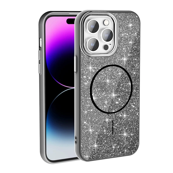 Apple iPhone 14 Pro Max Kılıf M-safe Şarj Özellikli Parlayan Simli  Okso Kapak ürün görseli