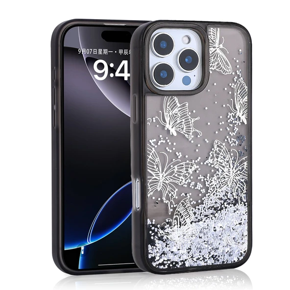 Apple iPhone 14 Pro Max Kılıf Sıvılı Simli Kelebek Baskılı Şeffaf Arka Yüzey  Glis Silikon Kapak - Resim 2