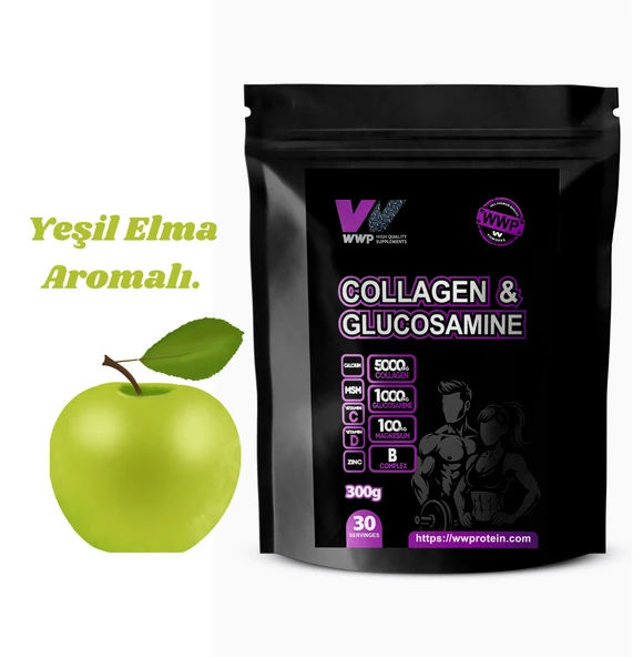 WWP Collagen & Glucosamine, Kolajen & Glukozamin Destek Tozu . 300g . Yeşil Elma Aromalı. - 1