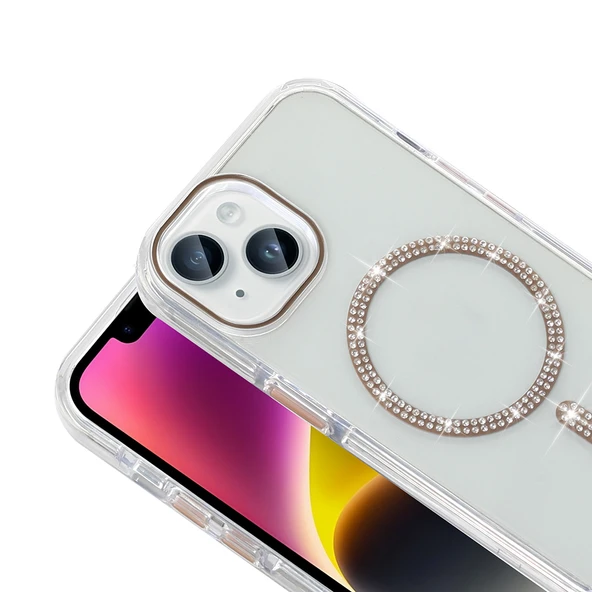 Apple iPhone 13 Kılıf Taşlı Tasarım M-safe Şarj Özellikli  Koment Silikon Kapak - Resim 6