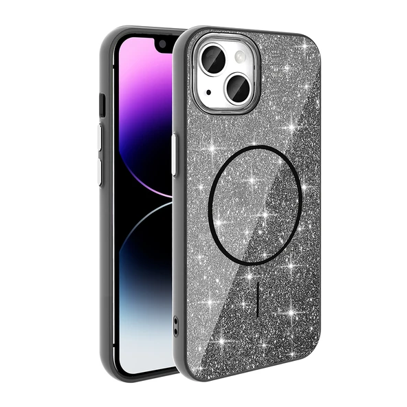 Apple iPhone 13 Kılıf M-safe Şarj Özellikli Parlayan Simli  Okso Kapak - Resim 2