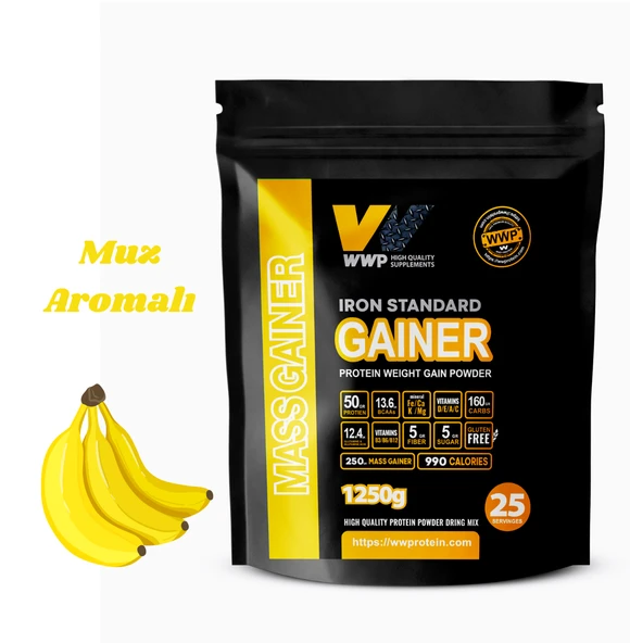 WWP IRON STANDARD GAINER . Gerçek Sporcular İçin Premium Kilo ve Kas Kazandırıcı . 1250g . Muz Aromalı. ürün görseli 1