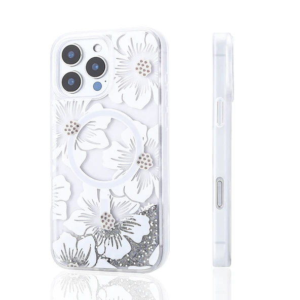 Apple iPhone 14 Pro Max Kılıf Sıvılı Simli Baskılı Şeffaf Arka Yüzey  Mossa Silikon Kapak - Resim 5