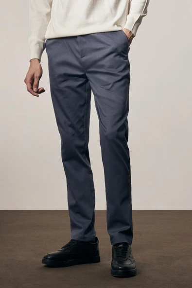 İndigo Mavi Yan Cep Düz Paça Pamuklu Comfort Fit Chino Casual Pantolon 1003255166 - Resim 2