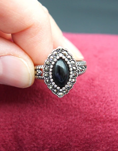 925 Ayar Kadın Gümüş Oltu Taşı Yüzük sy00040 - Resim 2