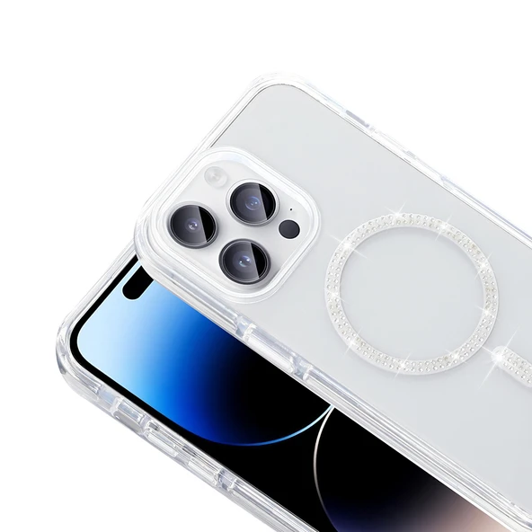 Apple iPhone 14 Pro Max Kılıf Taşlı Tasarım M-safe Şarj Özellikli  Koment Silikon Kapak - Resim 3