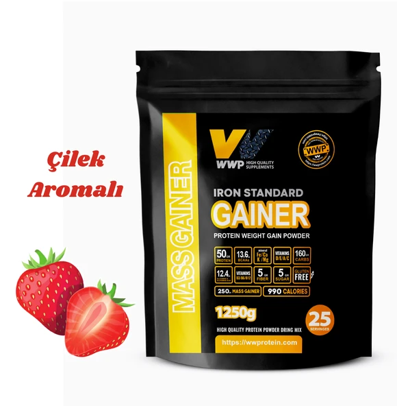 WWP IRON STANDARD GAINER . Gerçek Sporcular İçin Premium Kilo ve Kas Kazandırıcı . 1250g . Çilek Aromalı. - 1
