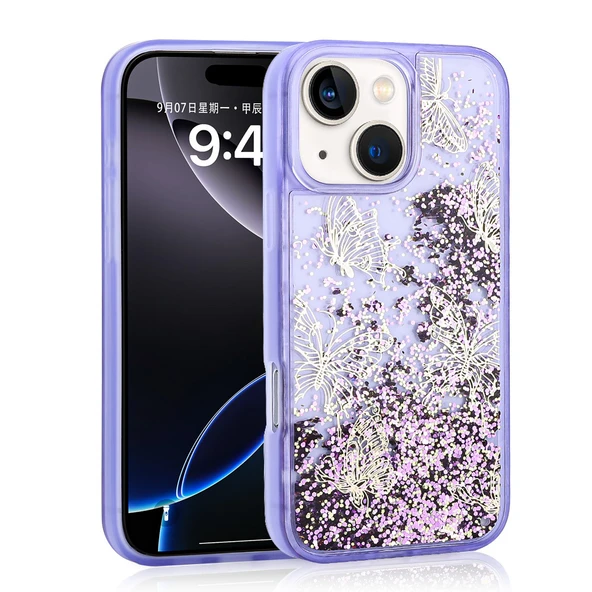 Apple iPhone 13 Kılıf Sıvılı Simli Kelebek Baskılı Şeffaf Arka Yüzey  Glis Silikon Kapak ürün görseli