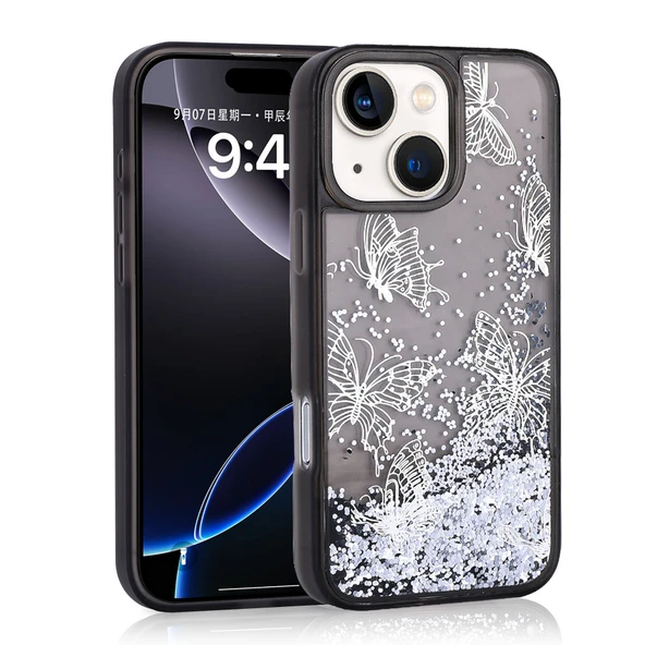 Apple iPhone 13 Kılıf Sıvılı Simli Kelebek Baskılı Şeffaf Arka Yüzey  Glis Silikon Kapak - Resim 2