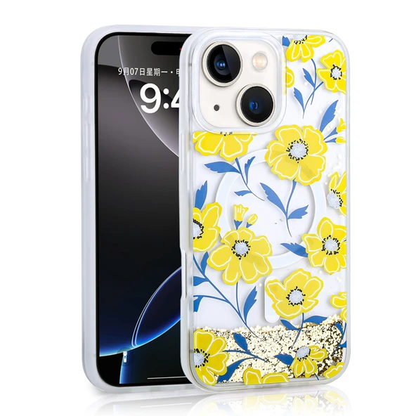 Apple iPhone 13 Kılıf Sıvılı Simli Baskılı Şeffaf Arka Yüzey  Mossa Silikon Kapak ürün görseli