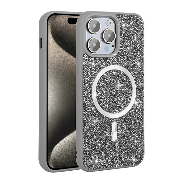 Apple iPhone 14 Pro Max Kılıf Pırlanta Tasarımlı M-safe Şarj Özellikli  Mozaik Silikon Kapak - Resim 5