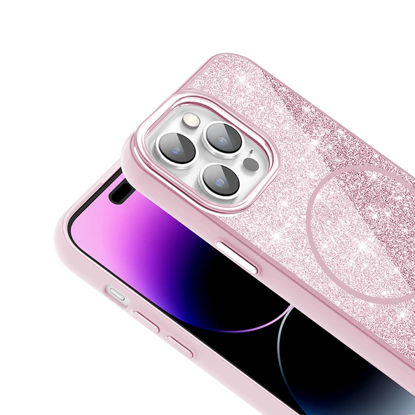 Apple iPhone 14 Pro Max Kılıf M-safe Şarj Özellikli Parlayan Simli  Okso Kapak - Resim 7
