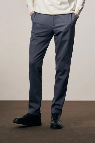 İndigo Mavi Yan Cep Düz Paça Pamuklu Comfort Fit Chino Casual Pantolon 1003255166 - Resim 4