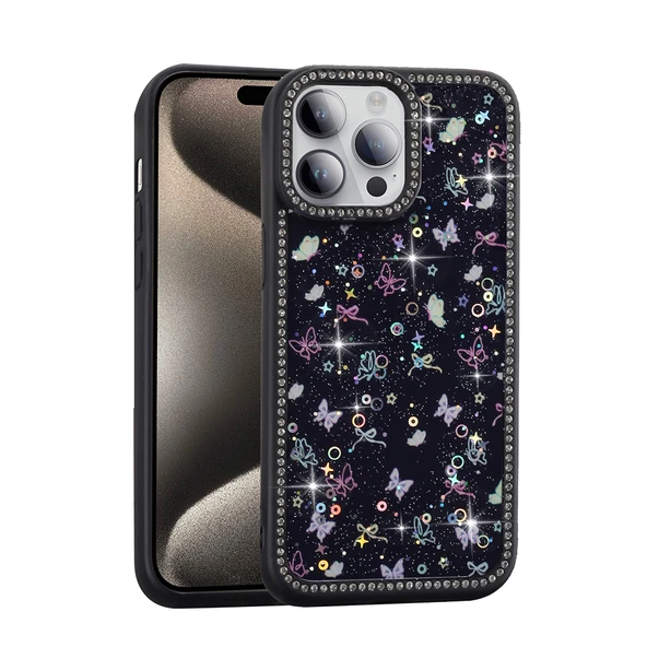 Apple iPhone 14 Pro Max Kılıf Taşlı ve Simli Tasarım  Azra Kapak - Resim 2