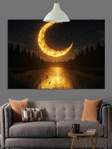 Hilal Ay Gece Manzarası Dekoratif Kanvas - Mdf Ahşap Tablo