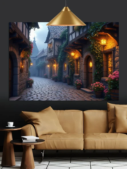 Eski Taş Sokak Manzarası Dekoratif Kanvas - Mdf Ahşap Tablo - 3
