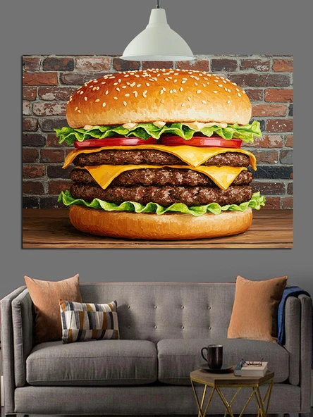 Büyük Lezzetli Çizim Hamburger Dekoratif Kanvas - Mdf Ahşap Tablo