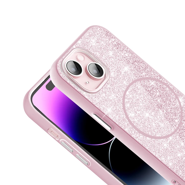 Apple iPhone 15 Kılıf M-safe Şarj Özellikli Parlayan Simli  Okso Kapak - Resim 7