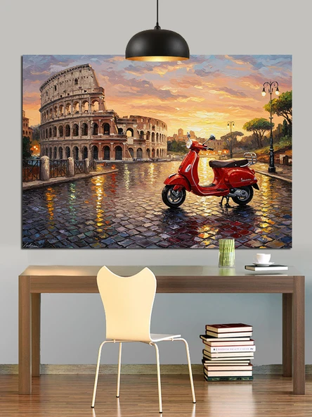 İtalya Kolezyum Kırmızı Scooter Dekoratif Kanvas - Mdf Ahşap Tablo - 3