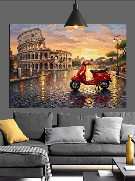 İtalya Kolezyum Kırmızı Scooter Dekoratif Kanvas - Mdf Ahşap Tablo
