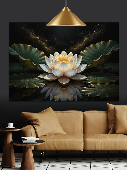 Beyaz Lotus Çiçeği Sanatı Dekoratif Kanvas - Mdf Ahşap Tablo - 2