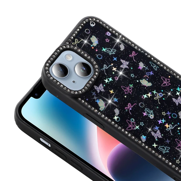 Apple iPhone 15 Kılıf Taşlı ve Simli Tasarım  Azra Kapak - Resim 7