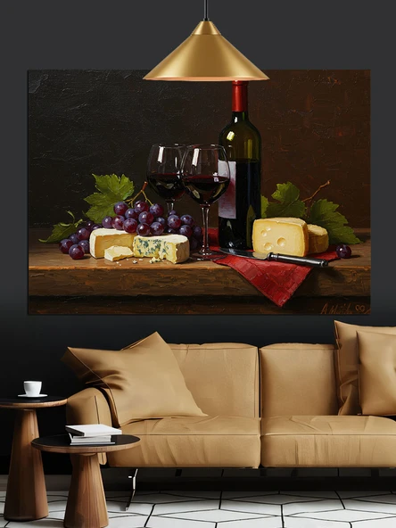 Şarap üzüm ve peynir Dekoratif Kanvas - Mdf Ahşap Tablo - 2