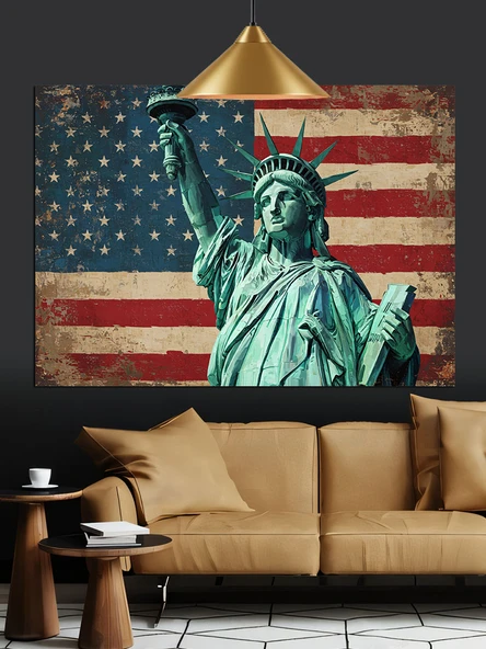 Özgürlük Heykeli Amerikan Bayrağı Dekoratif Kanvas - Mdf Ahşap Tablo