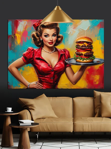 Retro Kız Burger Keyfi Dekoratif Kanvas - Mdf Ahşap Tablo