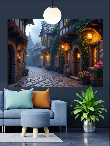 Eski Taş Sokak Manzarası Dekoratif Kanvas - Mdf Ahşap Tablo - 2