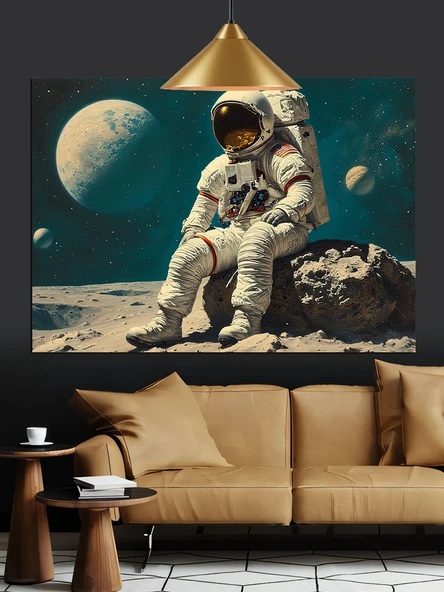 Astronot Uzayda Ay Manzarası Dekoratif Kanvas - Mdf Ahşap Tablo - 2