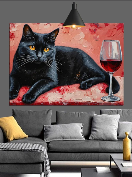 Siyah Kedi Şarap Balık Dekoratif Kanvas - Mdf Ahşap Tablo - 2