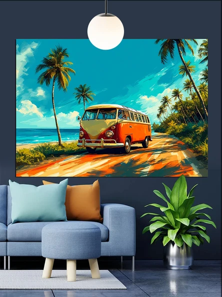 Karavan Plajda Tatil Havası Dekoratif Kanvas - Mdf Ahşap Tablo - 3