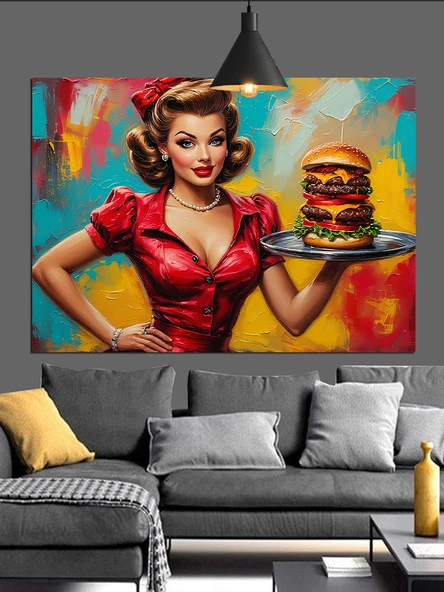 Retro Kız Burger Keyfi Dekoratif Kanvas - Mdf Ahşap Tablo - 2